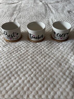 🌱 “Best Teacher Ever” Ceramic Planter Set – 3-Piece